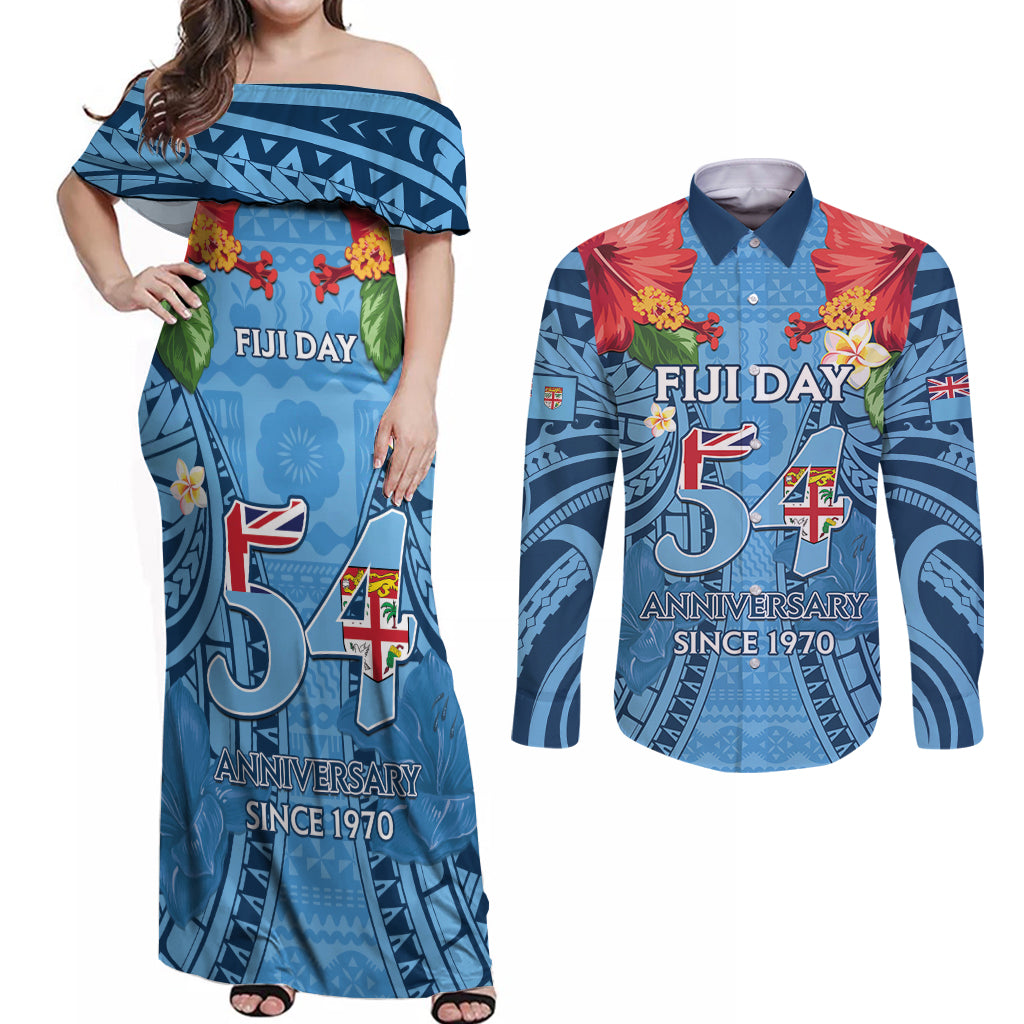 Fiji Day Couples Matching Off Shoulder Maxi Dress and Long Sleeve Button Shirt Happy 54 Years Of Independence Tapa Pattern Blue LT14 Blue - Polynesian Pride