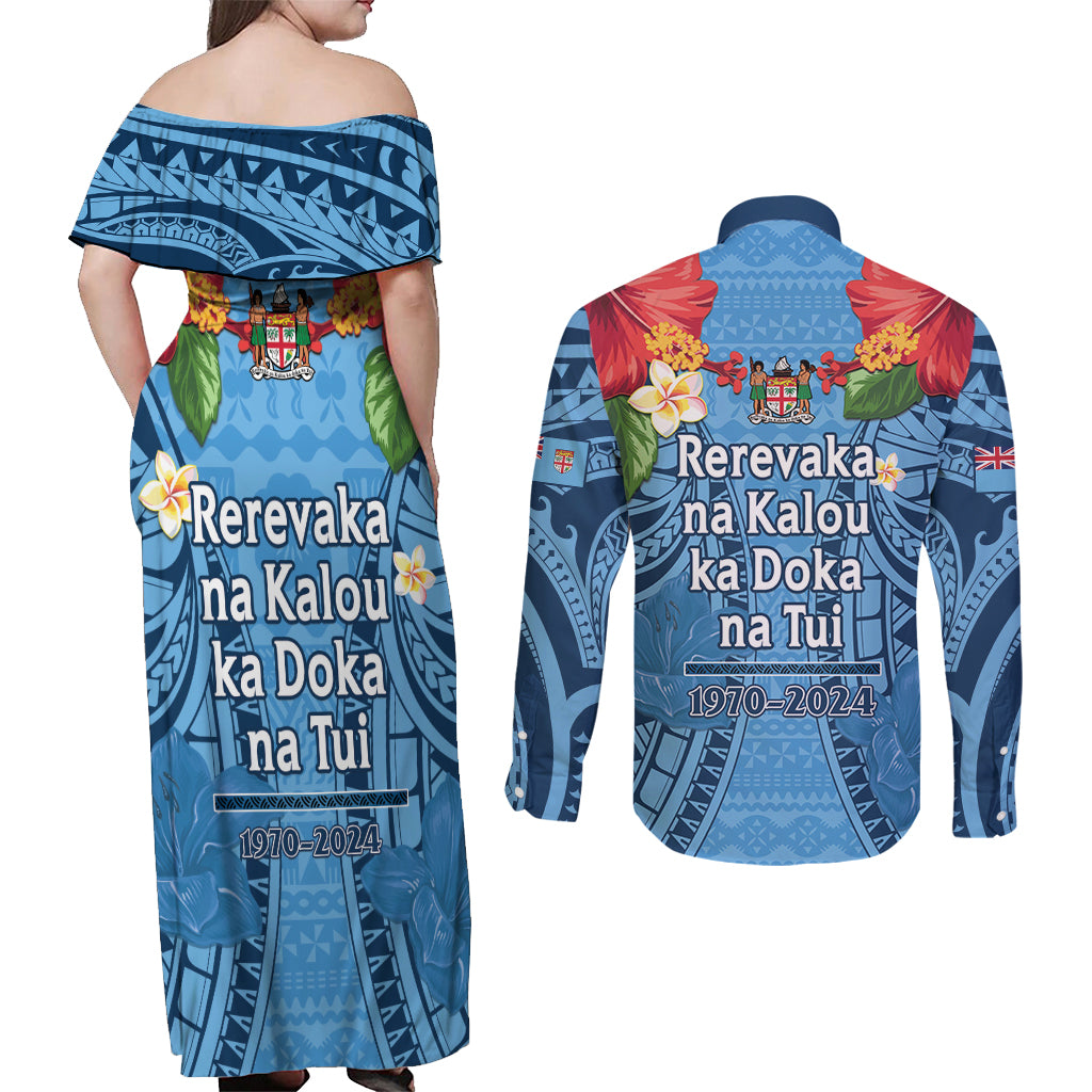 Fiji Day Couples Matching Off Shoulder Maxi Dress and Long Sleeve Button Shirt Happy 54 Years Of Independence Tapa Pattern Blue