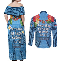 Fiji Day Couples Matching Off Shoulder Maxi Dress and Long Sleeve Button Shirt Happy 54 Years Of Independence Tapa Pattern Blue