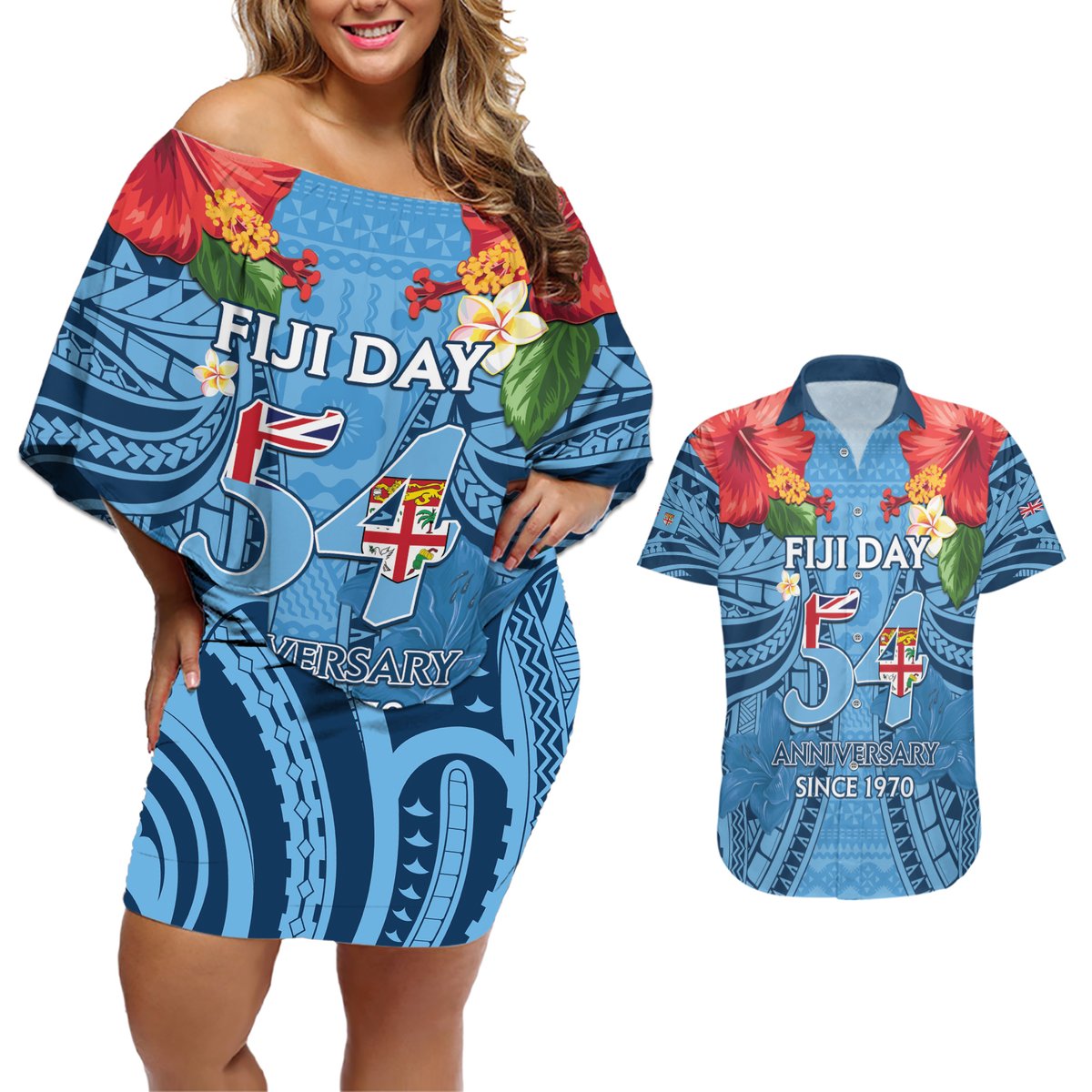 Fiji Day Couples Matching Off Shoulder Short Dress and Hawaiian Shirt Happy 54 Years Of Independence Tapa Pattern Blue LT14 Blue - Polynesian Pride