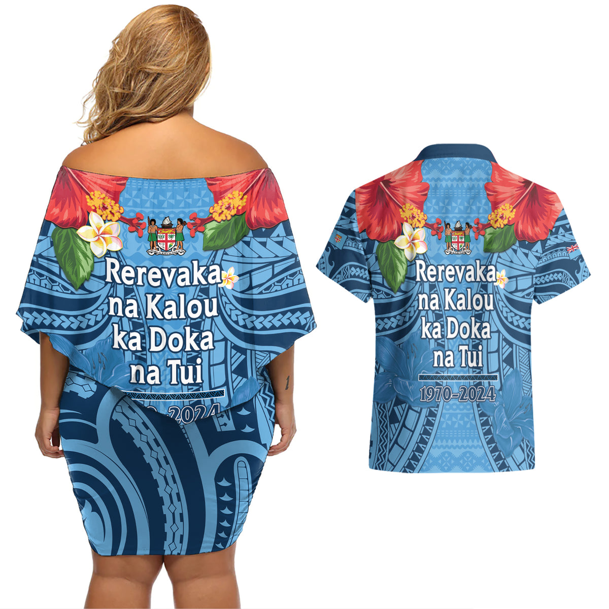 Fiji Day Couples Matching Off Shoulder Short Dress and Hawaiian Shirt Happy 54 Years Of Independence Tapa Pattern Blue