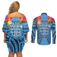 Fiji Day Couples Matching Off Shoulder Short Dress and Long Sleeve Button Shirt Happy 54 Years Of Independence Tapa Pattern Blue