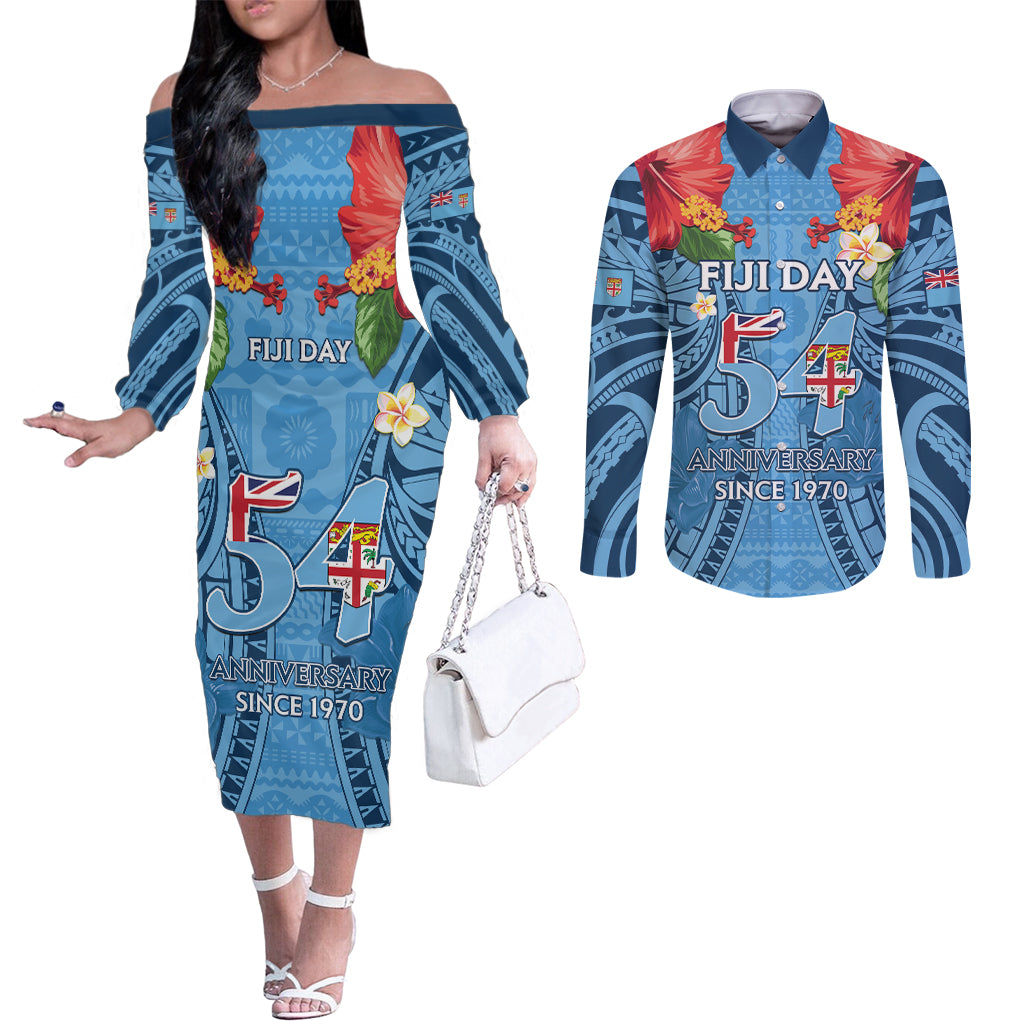 Fiji Day Couples Matching Off The Shoulder Long Sleeve Dress and Long Sleeve Button Shirt Happy 54 Years Of Independence Tapa Pattern Blue