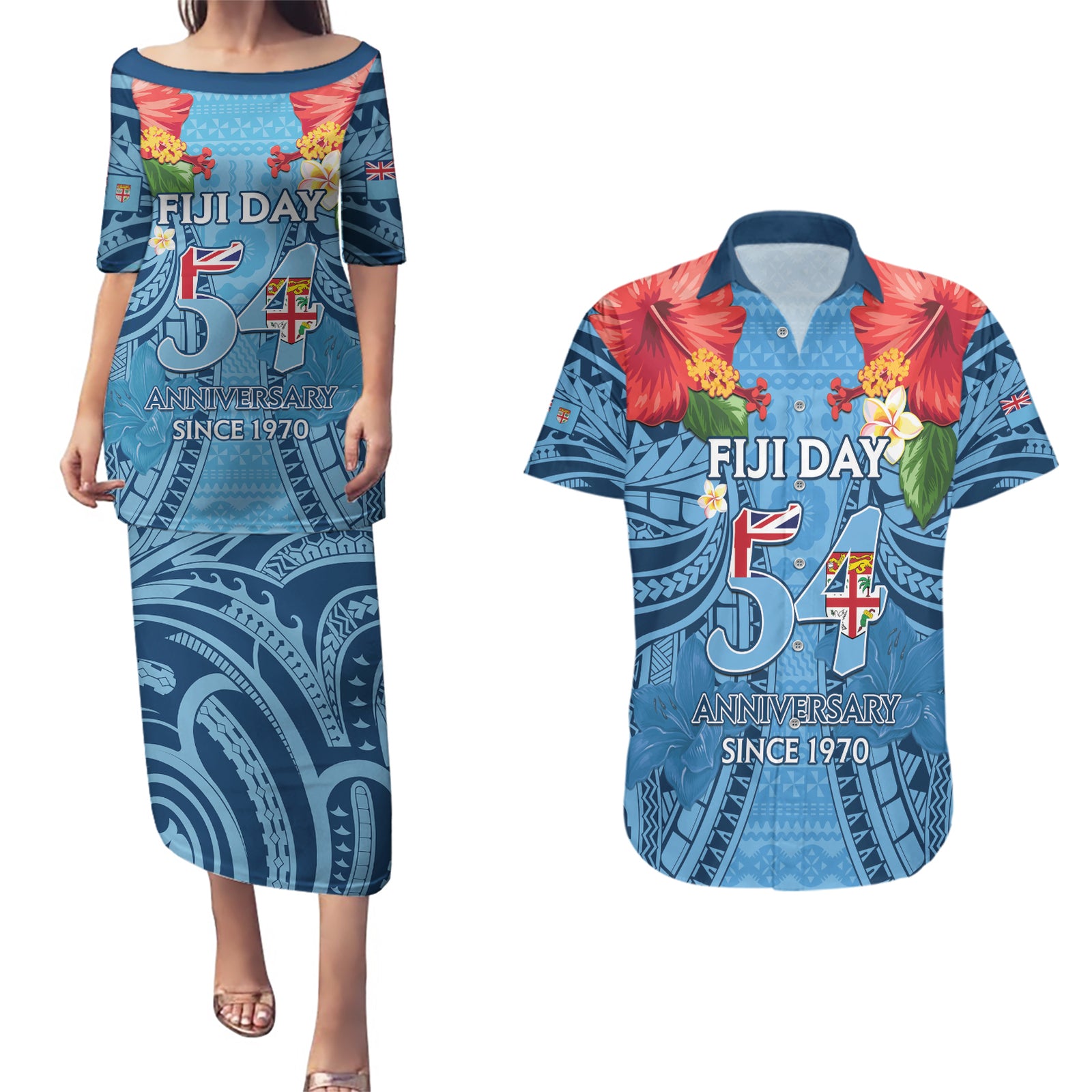 Fiji Day Couples Matching Puletasi and Hawaiian Shirt Happy 54 Years Of Independence Tapa Pattern Blue LT14 Blue - Polynesian Pride