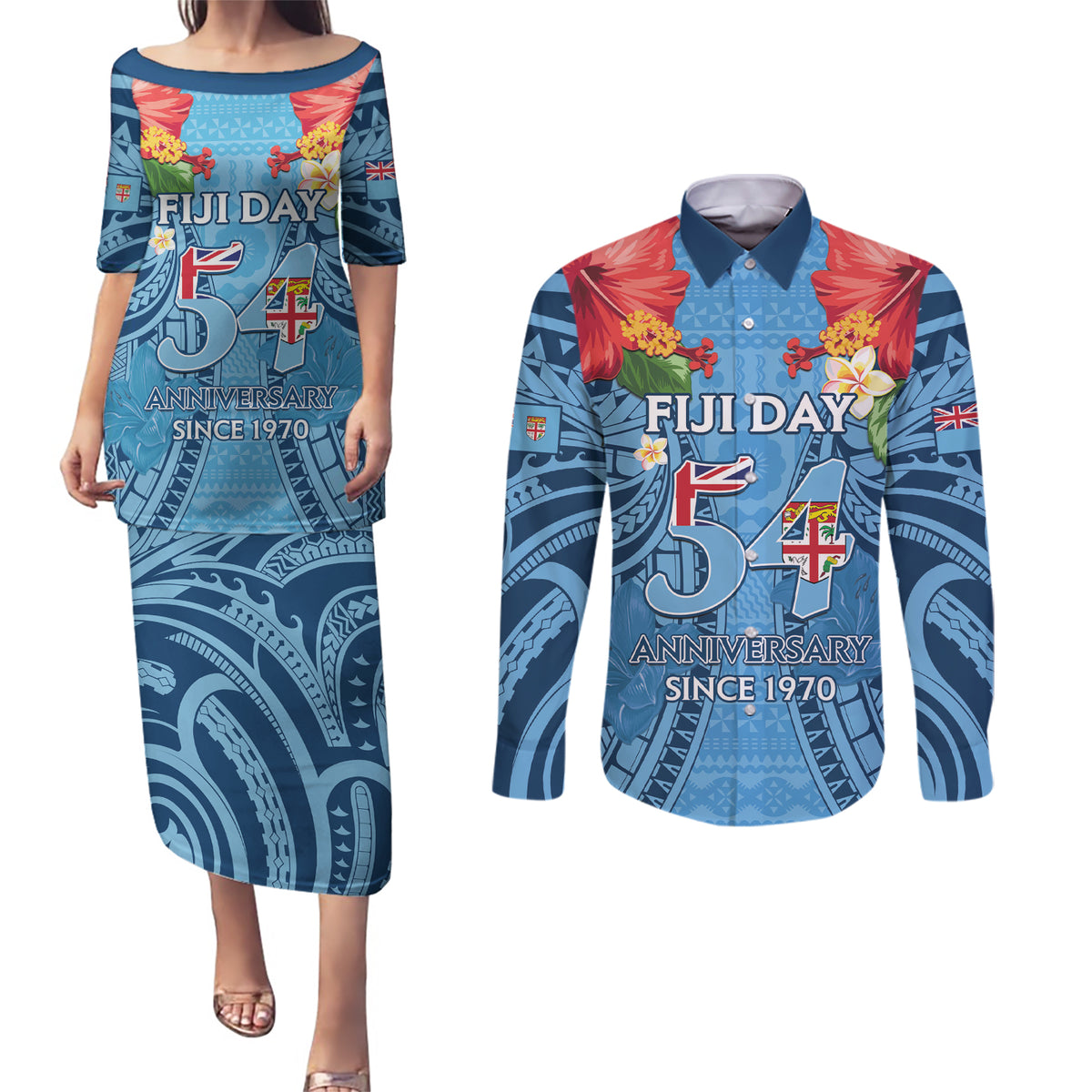 Fiji Day Couples Matching Puletasi and Long Sleeve Button Shirt Happy 54 Years Of Independence Tapa Pattern Blue