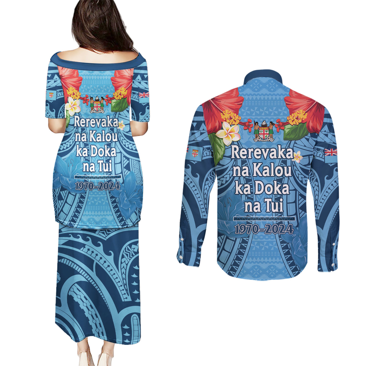 Fiji Day Couples Matching Puletasi and Long Sleeve Button Shirt Happy 54 Years Of Independence Tapa Pattern Blue