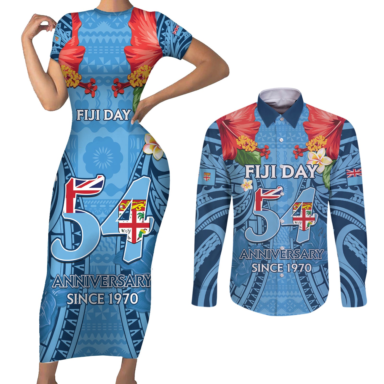 Fiji Day Couples Matching Short Sleeve Bodycon Dress and Long Sleeve Button Shirt Happy 54 Years Of Independence Tapa Pattern Blue LT14 Blue - Polynesian Pride