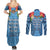 Fiji Day Couples Matching Summer Maxi Dress and Long Sleeve Button Shirt Happy 54 Years Of Independence Tapa Pattern Blue