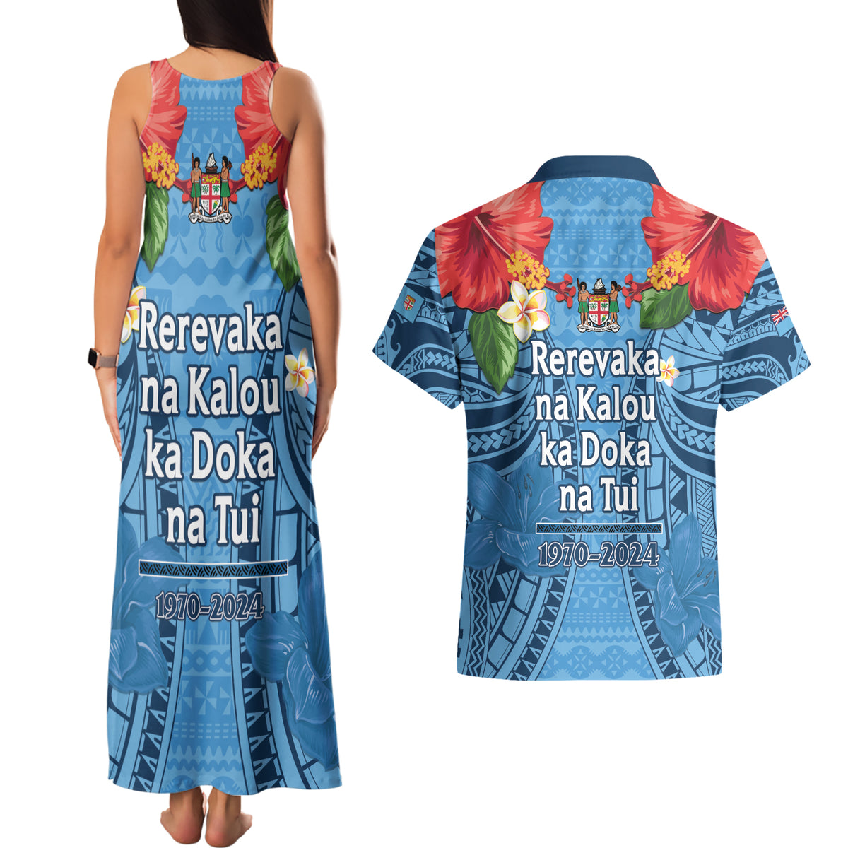 Fiji Day Couples Matching Tank Maxi Dress and Hawaiian Shirt Happy 54 Years Of Independence Tapa Pattern Blue