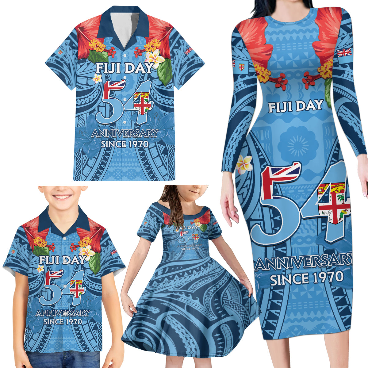 Fiji Day Family Matching Long Sleeve Bodycon Dress and Hawaiian Shirt Happy 54 Years Of Independence Tapa Pattern Blue LT14 - Polynesian Pride