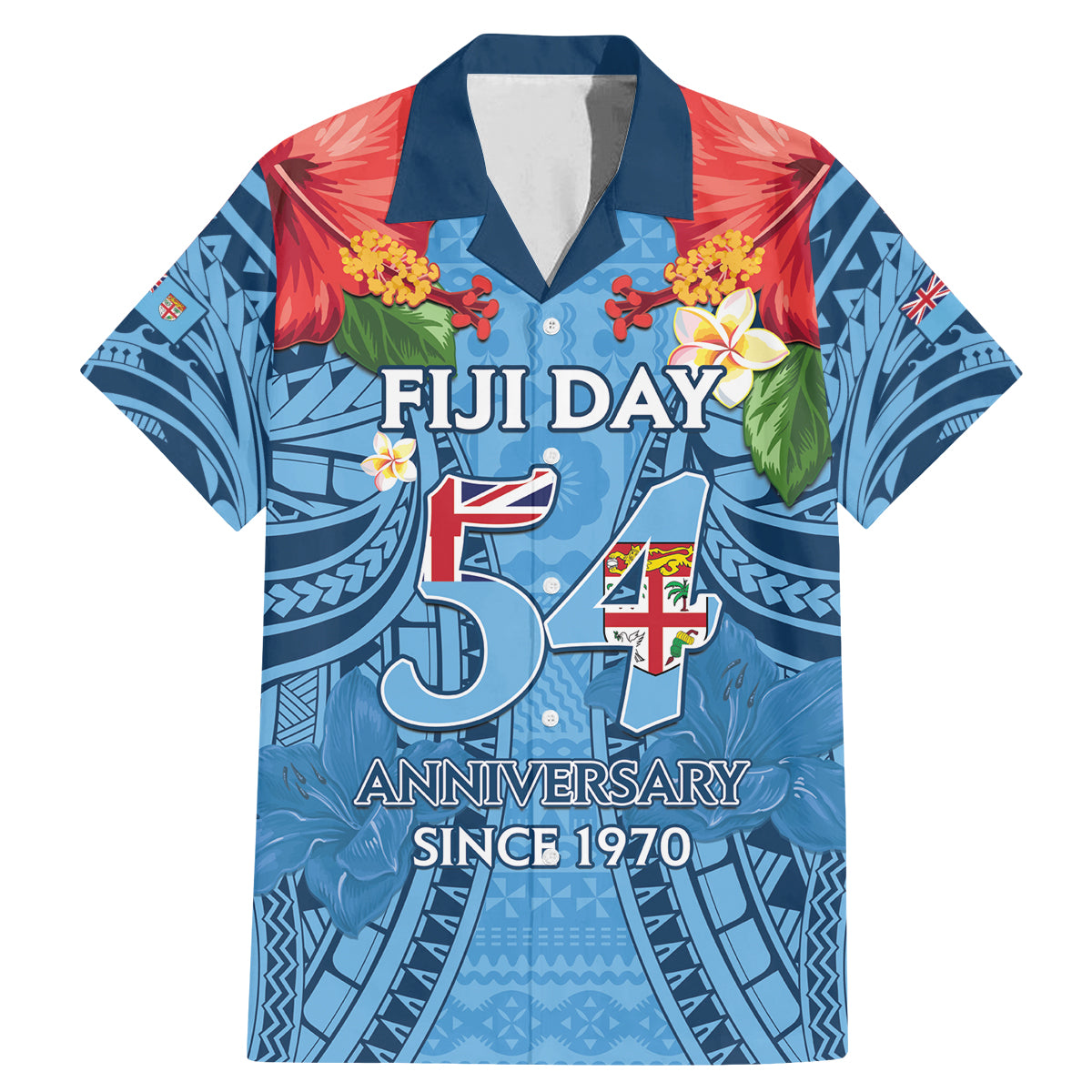 Fiji Day Family Matching Mermaid Dress and Hawaiian Shirt Happy 54 Years Of Independence Tapa Pattern Blue