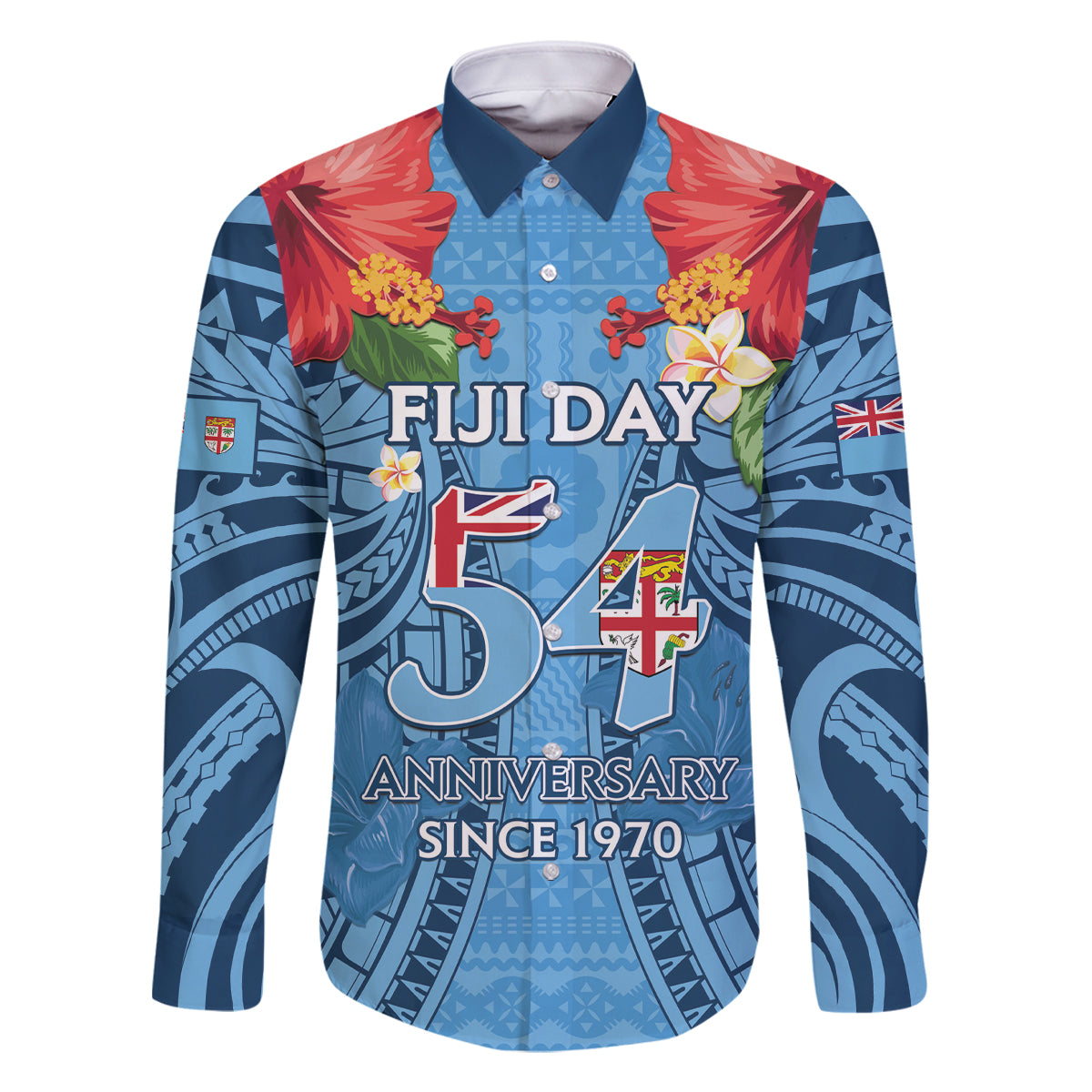 Fiji Day Family Matching Off The Shoulder Long Sleeve Dress and Hawaiian Shirt Happy 54 Years Of Independence Tapa Pattern Blue
