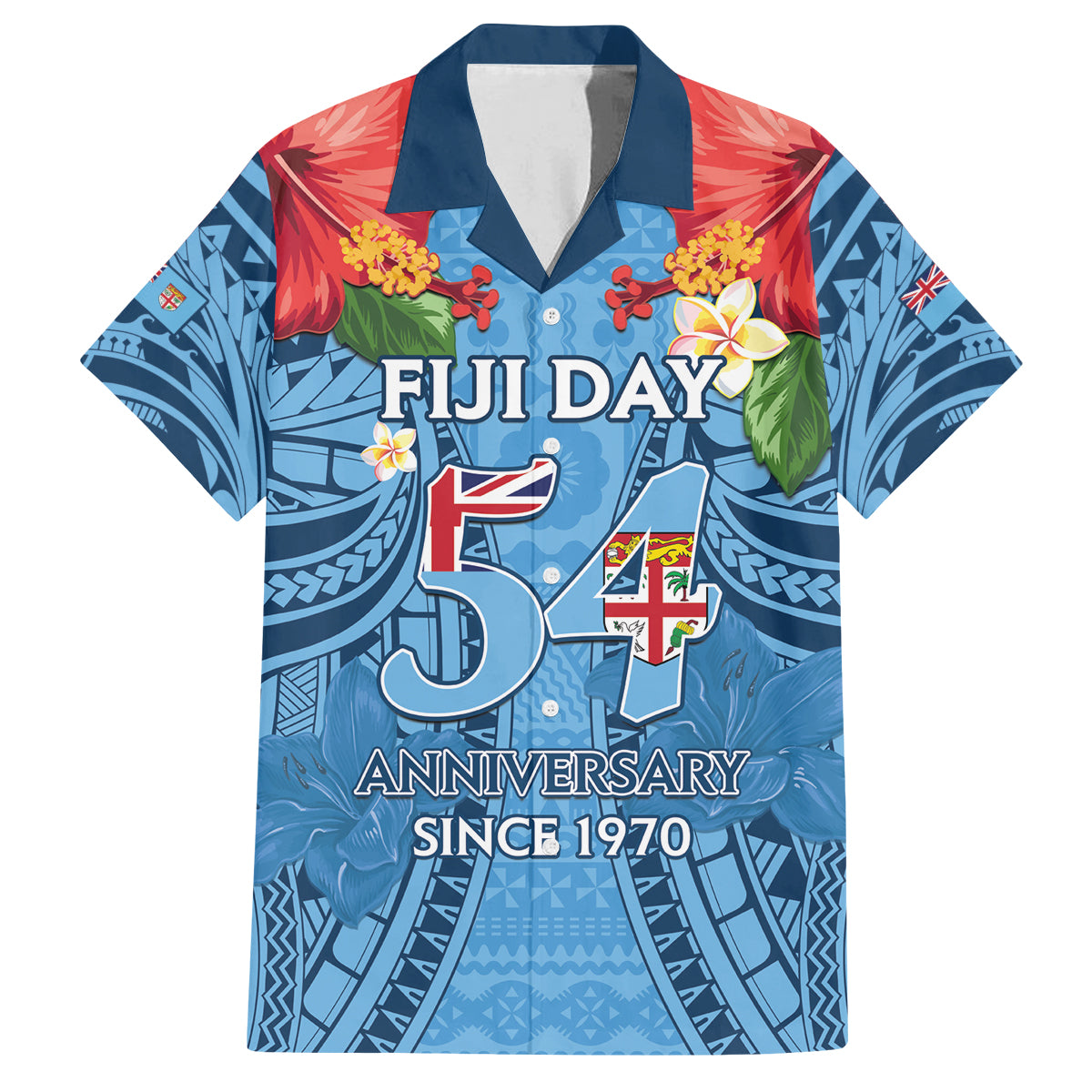 Fiji Day Family Matching Puletasi and Hawaiian Shirt Happy 54 Years Of Independence Tapa Pattern Blue LT14 Dad's Shirt - Short Sleeve Blue - Polynesian Pride