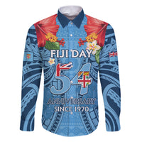 Fiji Day Family Matching Puletasi and Hawaiian Shirt Happy 54 Years Of Independence Tapa Pattern Blue LT14 Dad's Shirt - Long Sleeve Blue - Polynesian Pride