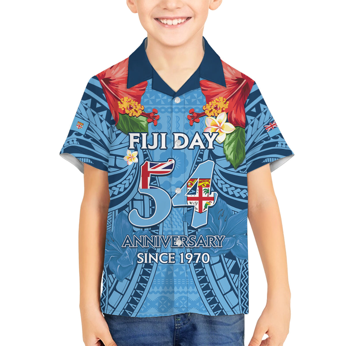 Fiji Day Family Matching Puletasi and Hawaiian Shirt Happy 54 Years Of Independence Tapa Pattern Blue LT14 Son's Shirt Blue - Polynesian Pride