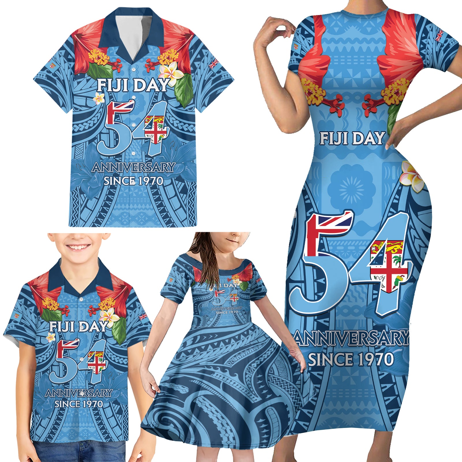 Fiji Day Family Matching Short Sleeve Bodycon Dress and Hawaiian Shirt Happy 54 Years Of Independence Tapa Pattern Blue LT14 - Polynesian Pride