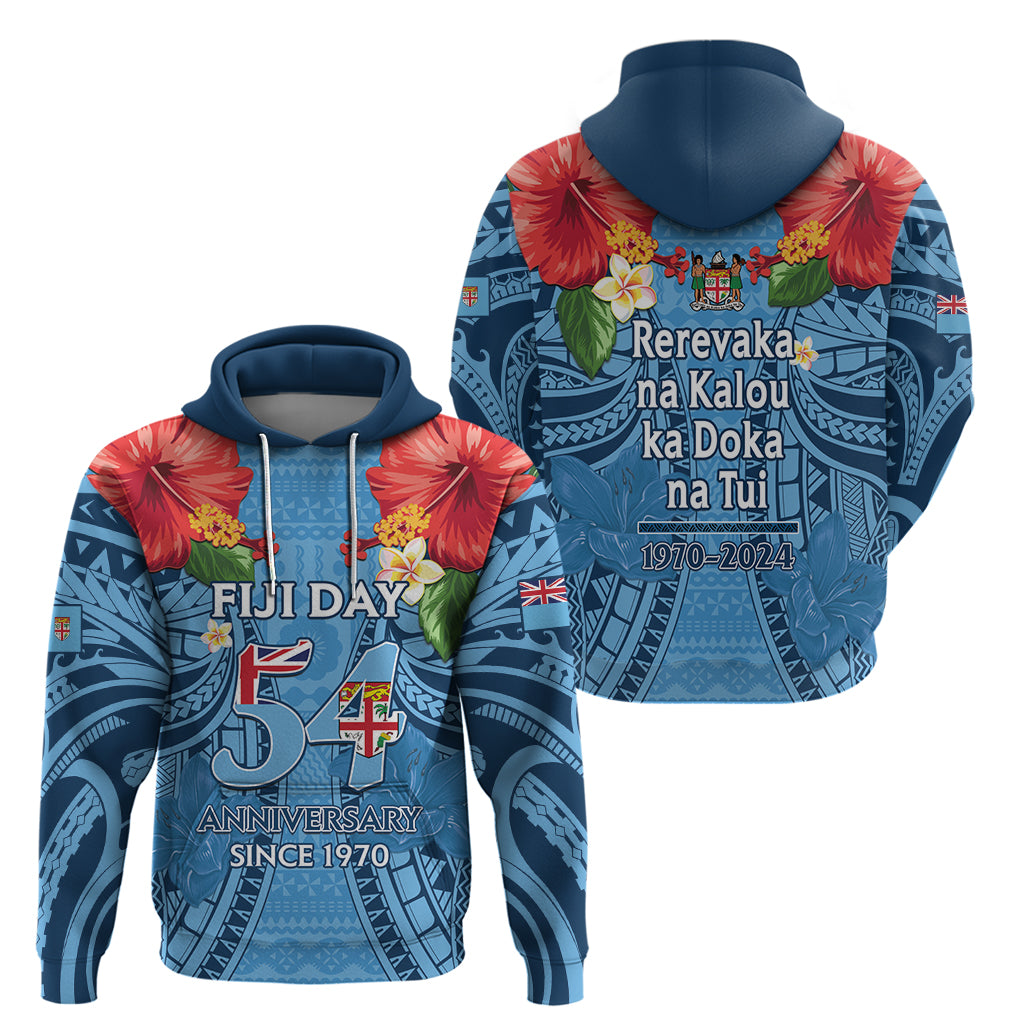 Fiji Day Hoodie Happy 54 Years Of Independence Tapa Pattern Blue LT14 - Polynesian Pride