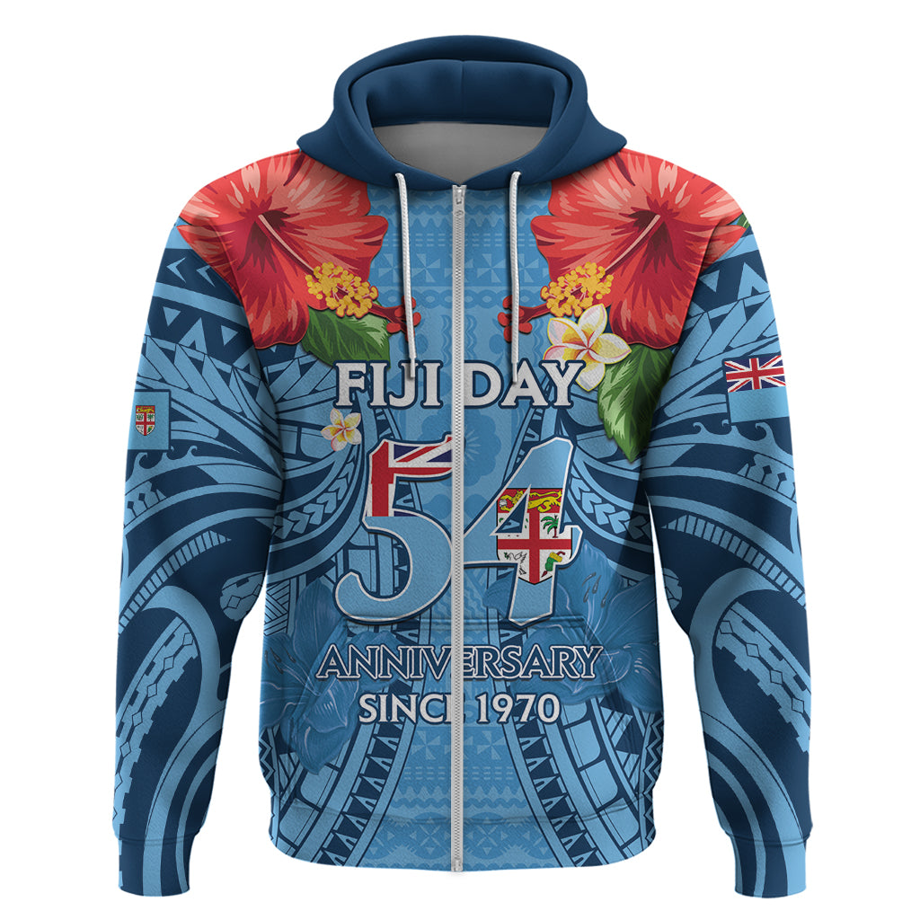 Fiji Day Hoodie Happy 54 Years Of Independence Tapa Pattern Blue LT14 Zip Hoodie Blue - Polynesian Pride