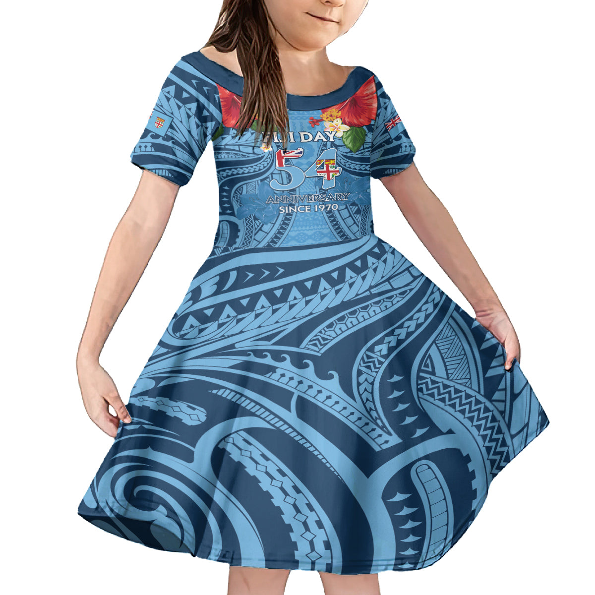 Fiji Day Kid Short Sleeve Dress Happy 54 Years Of Independence Tapa Pattern Blue