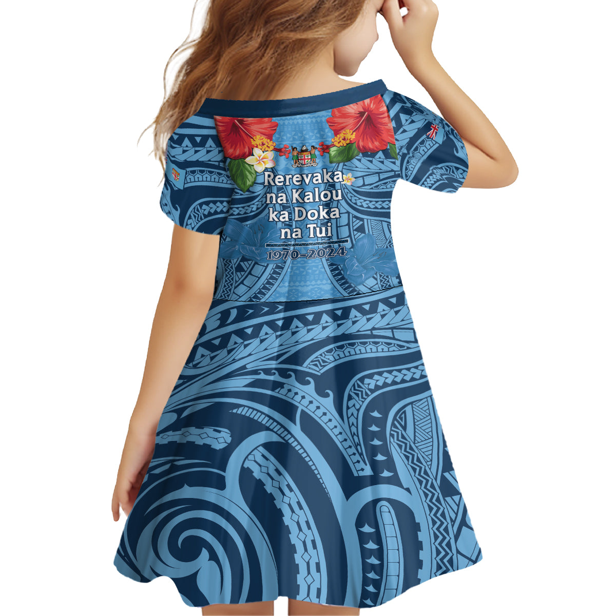 Fiji Day Kid Short Sleeve Dress Happy 54 Years Of Independence Tapa Pattern Blue