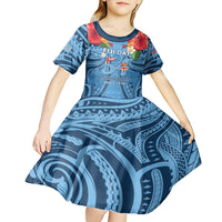 Fiji Day Kid Short Sleeve Dress Happy 54 Years Of Independence Tapa Pattern Blue