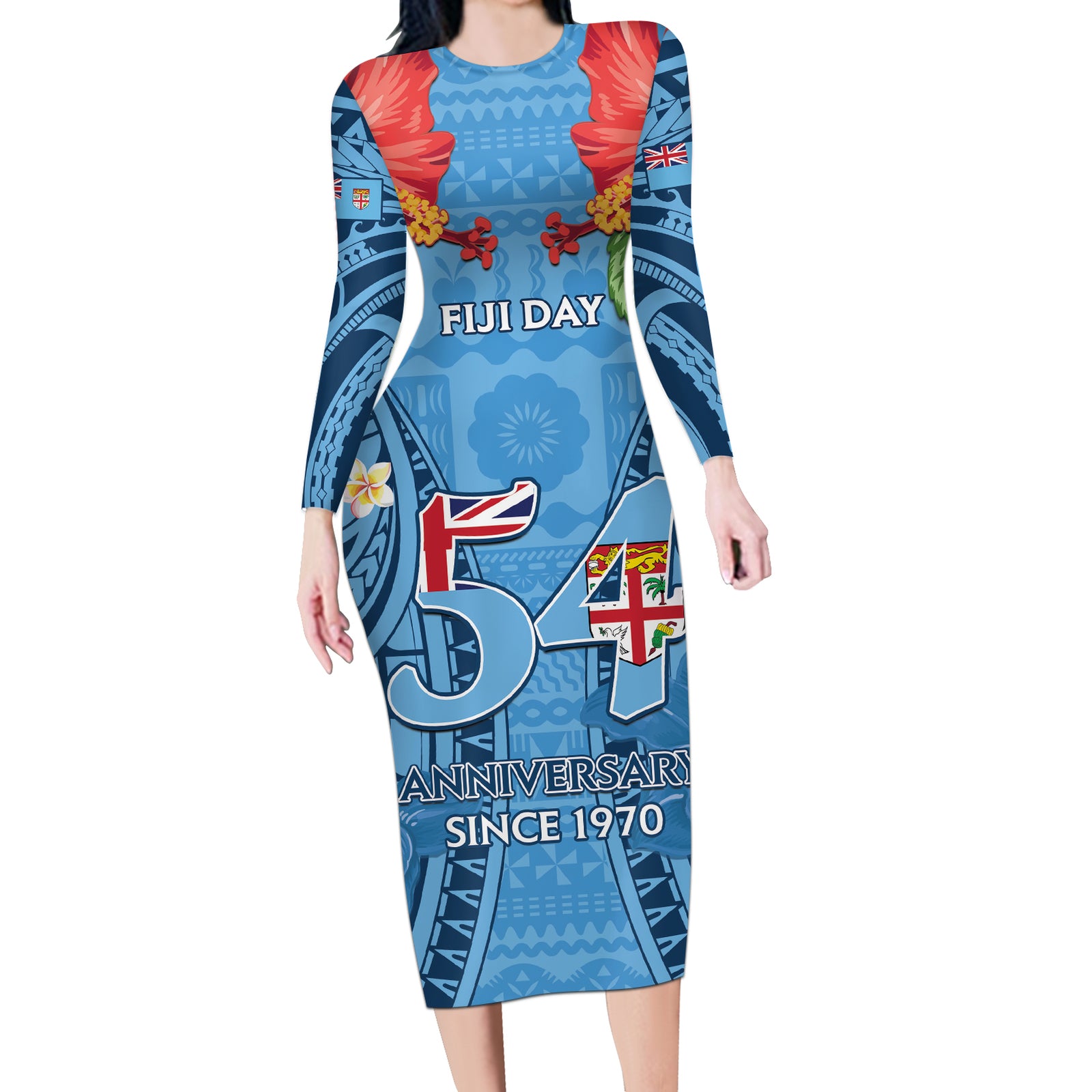 Fiji Day Long Sleeve Bodycon Dress Happy 54 Years Of Independence Tapa Pattern Blue LT14 Long Dress Blue - Polynesian Pride