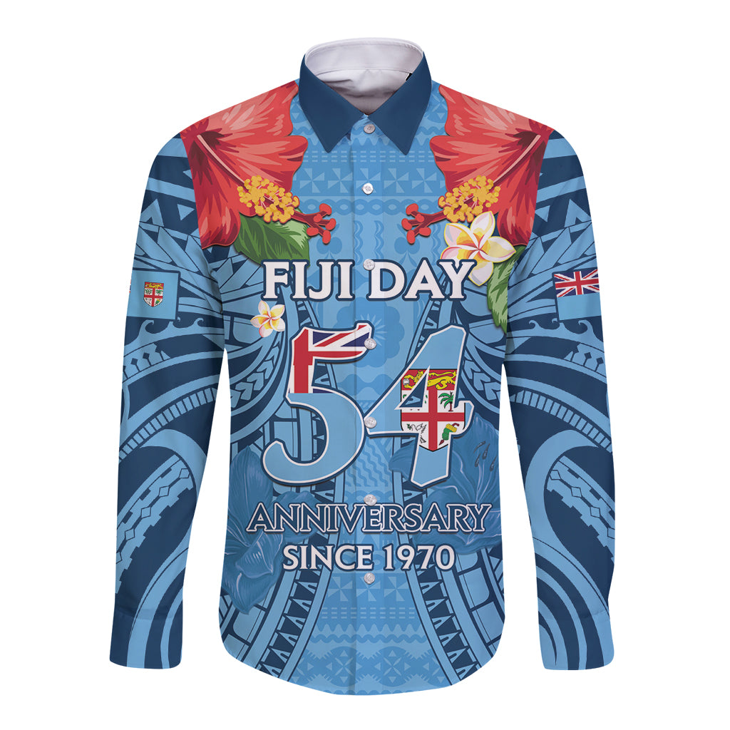 Fiji Day Long Sleeve Button Shirt Happy 54 Years Of Independence Tapa Pattern Blue LT14 Unisex Blue - Polynesian Pride