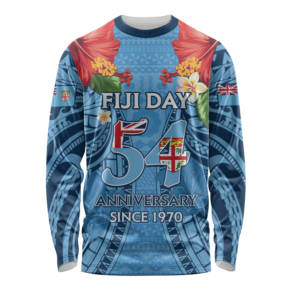 Fiji Day Long Sleeve Shirt Happy 54 Years Of Independence Tapa Pattern Blue LT14 Unisex Blue - Polynesian Pride