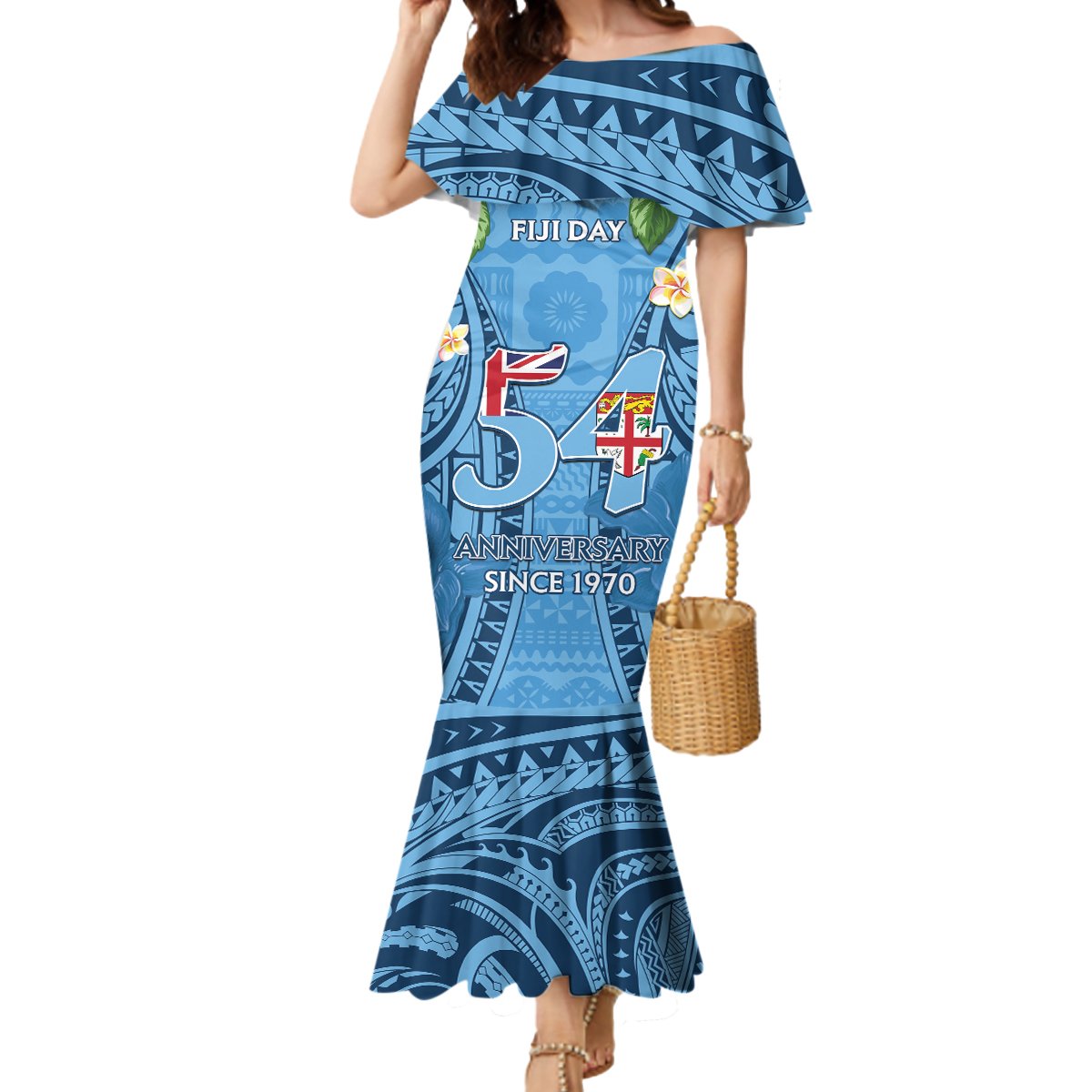 Fiji Day Mermaid Dress Happy 54 Years Of Independence Tapa Pattern Blue LT14 Women Blue - Polynesian Pride