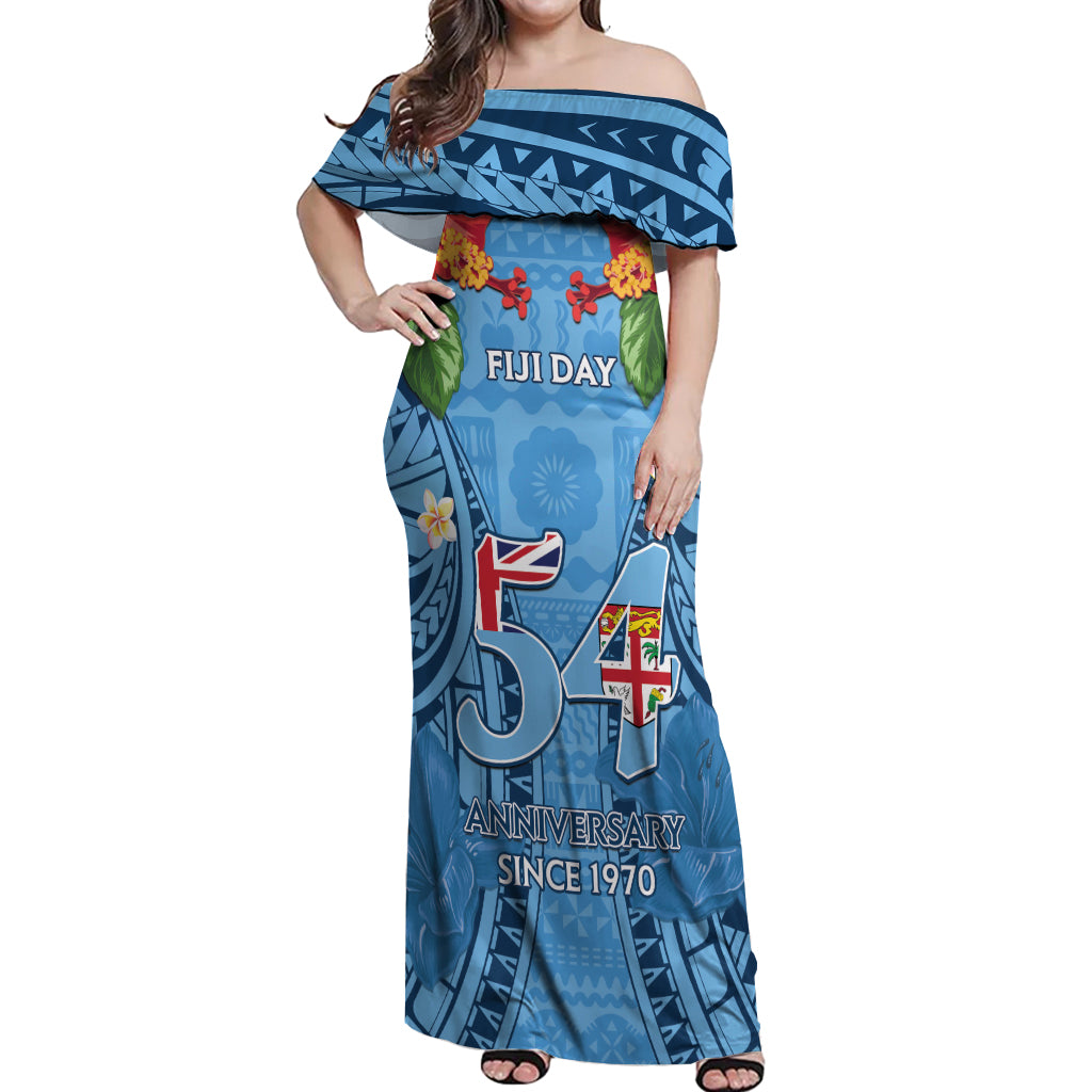Fiji Day Off Shoulder Maxi Dress Happy 54 Years Of Independence Tapa Pattern Blue LT14 Women Blue - Polynesian Pride