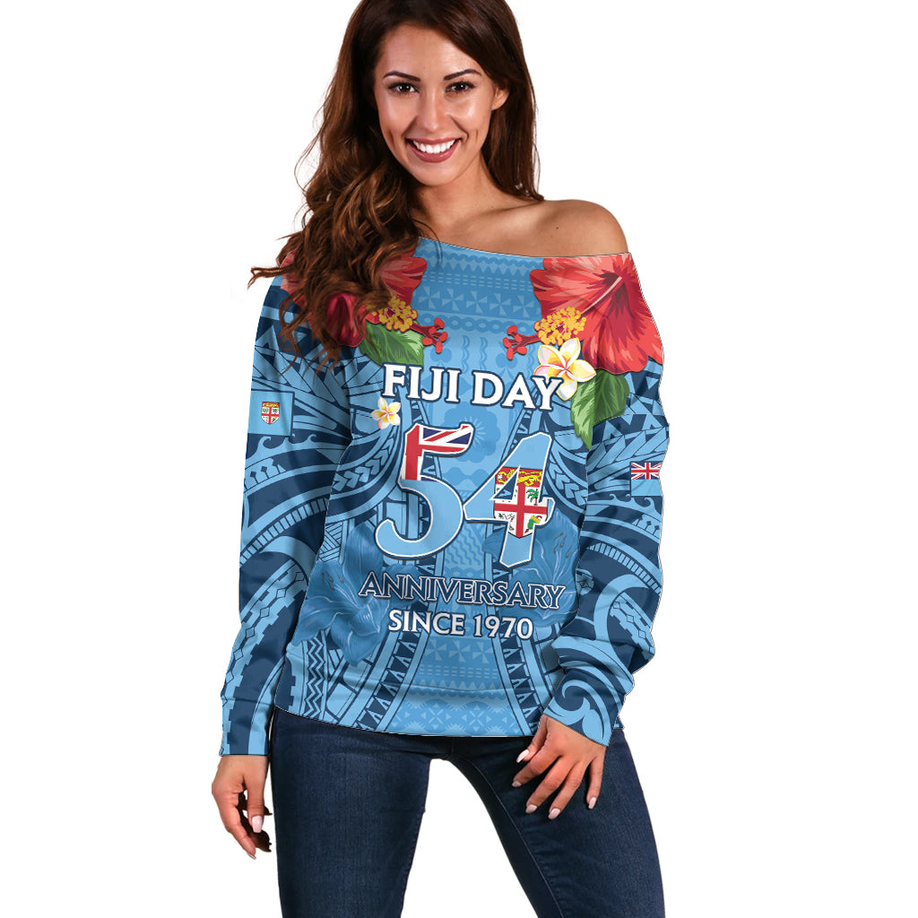 Fiji Day Off Shoulder Sweater Happy 54 Years Of Independence Tapa Pattern Blue LT14 Women Blue - Polynesian Pride