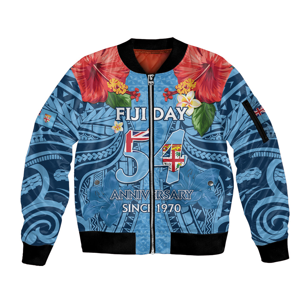 Fiji Day Sleeve Zip Bomber Jacket Happy 54 Years Of Independence Tapa Pattern Blue