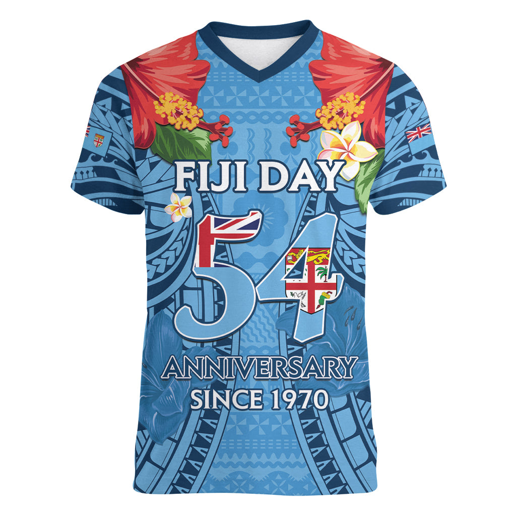 Fiji Day Women V-Neck T-Shirt Happy 54 Years Of Independence Tapa Pattern Blue
