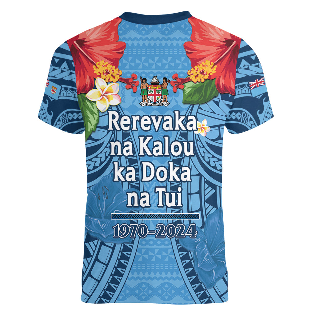 Fiji Day Women V-Neck T-Shirt Happy 54 Years Of Independence Tapa Pattern Blue