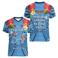 Fiji Day Women V-Neck T-Shirt Happy 54 Years Of Independence Tapa Pattern Blue