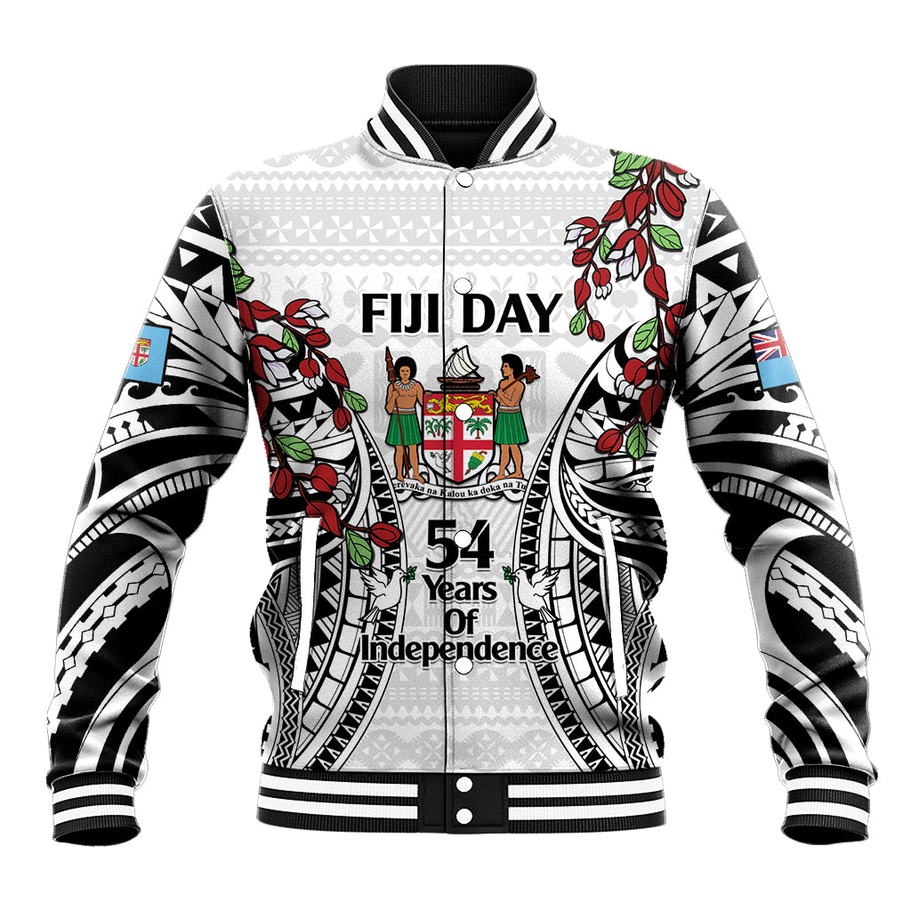 Fiji Day Baseball Jacket Happy 54 Years Of Independence Tapa Pattern White LT14 Unisex White - Polynesian Pride