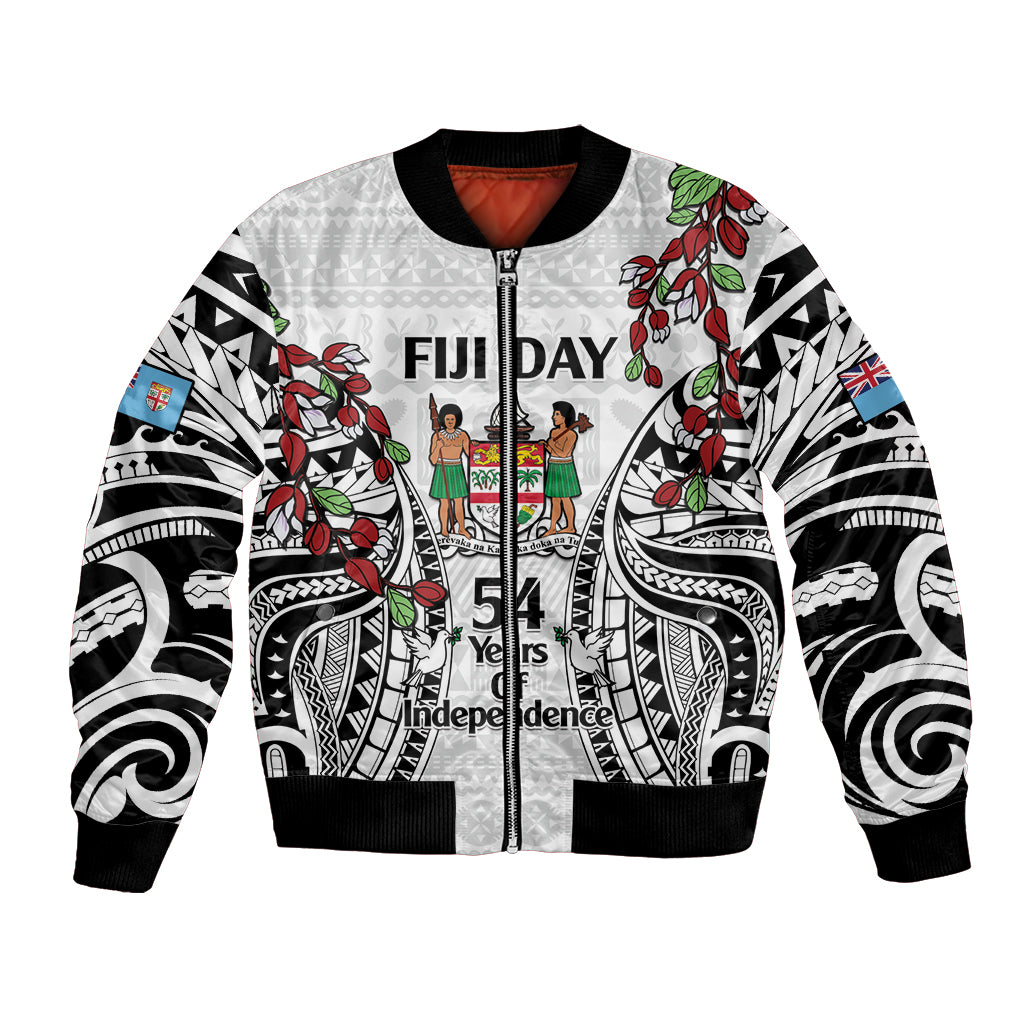 Fiji Day Bomber Jacket Happy 54 Years Of Independence Tapa Pattern White LT14 Unisex White - Polynesian Pride