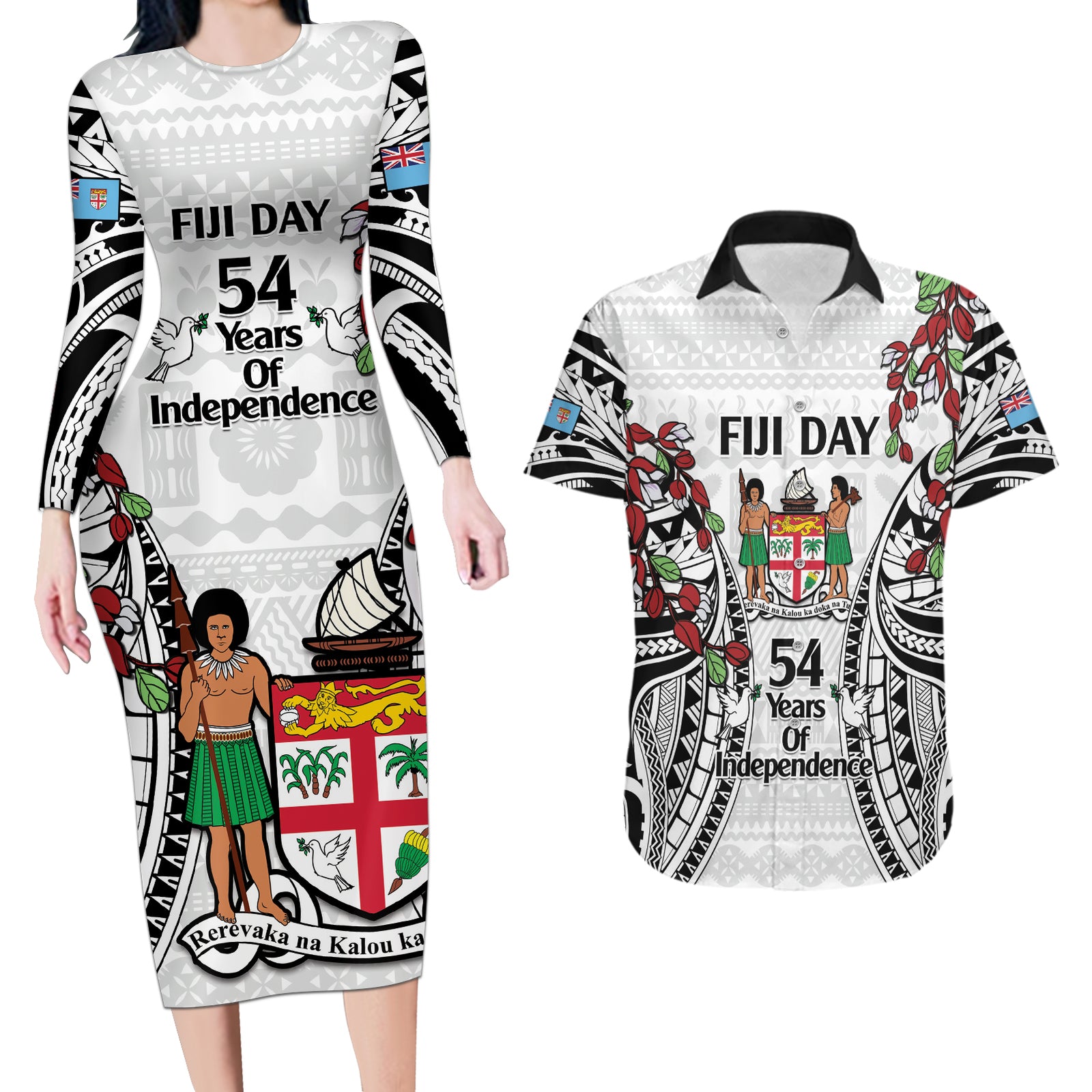 Fiji Day Couples Matching Long Sleeve Bodycon Dress and Hawaiian Shirt Happy 54 Years Of Independence Tapa Pattern White LT14 White - Polynesian Pride