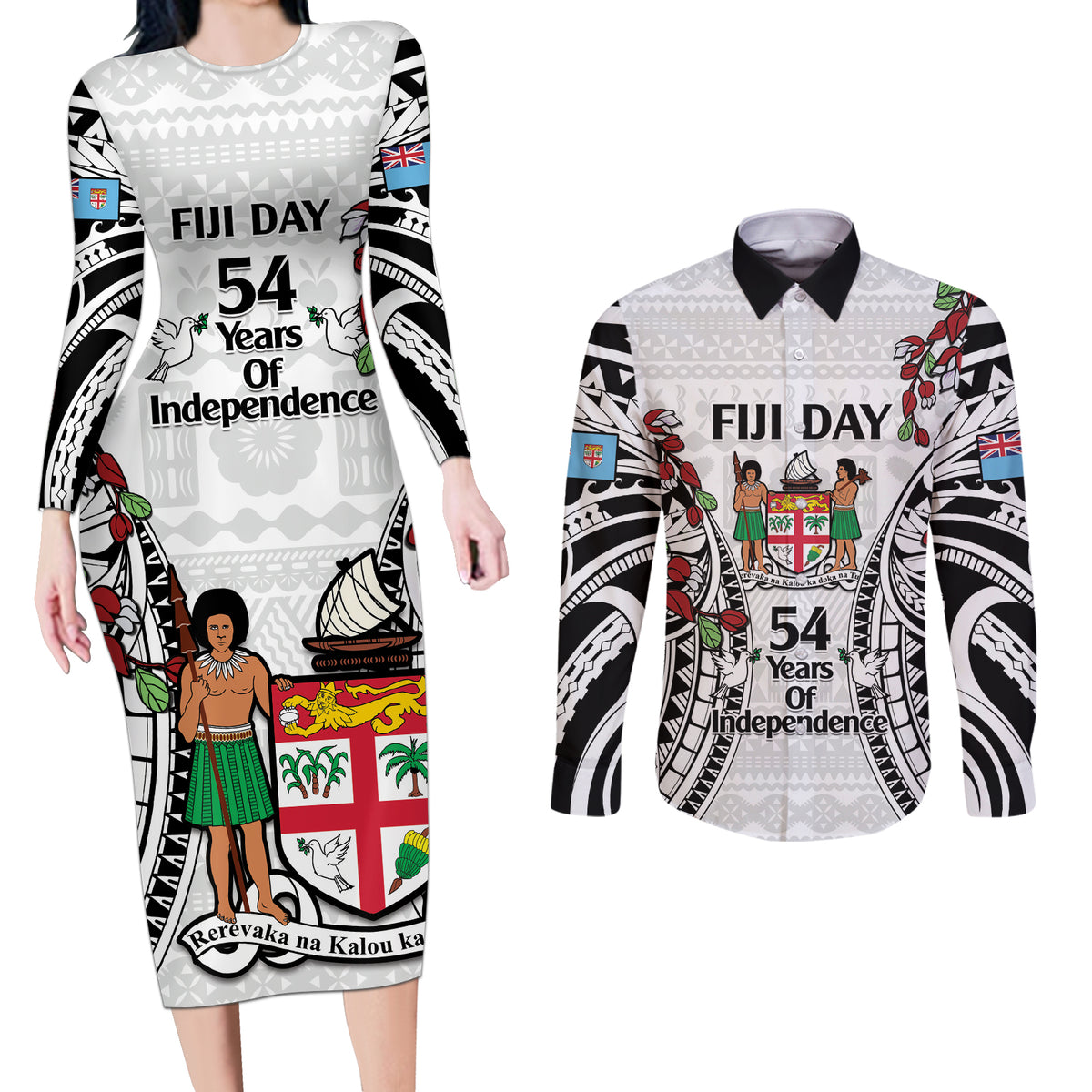 Fiji Day Couples Matching Long Sleeve Bodycon Dress and Long Sleeve Button Shirt Happy 54 Years Of Independence Tapa Pattern White