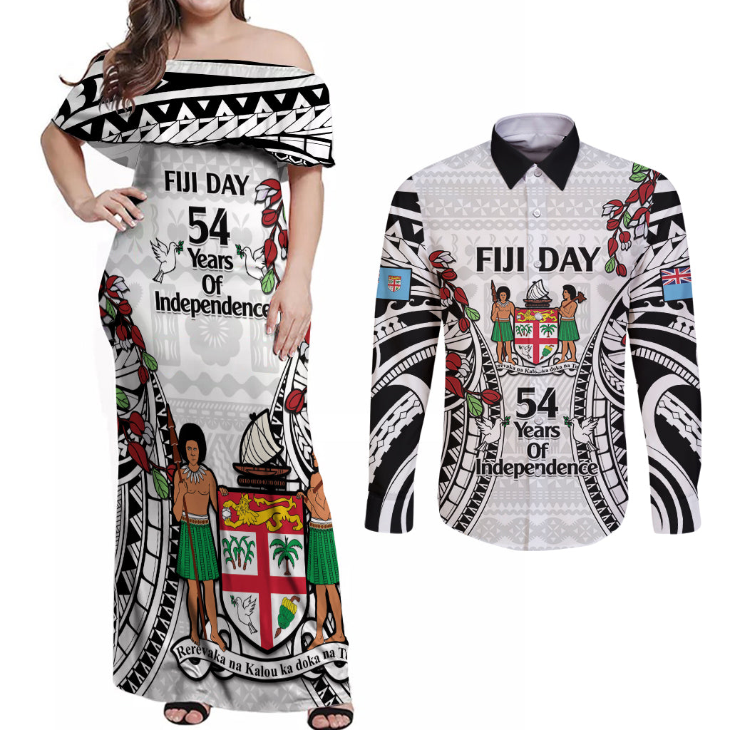 Fiji Day Couples Matching Off Shoulder Maxi Dress and Long Sleeve Button Shirt Happy 54 Years Of Independence Tapa Pattern White LT14 White - Polynesian Pride