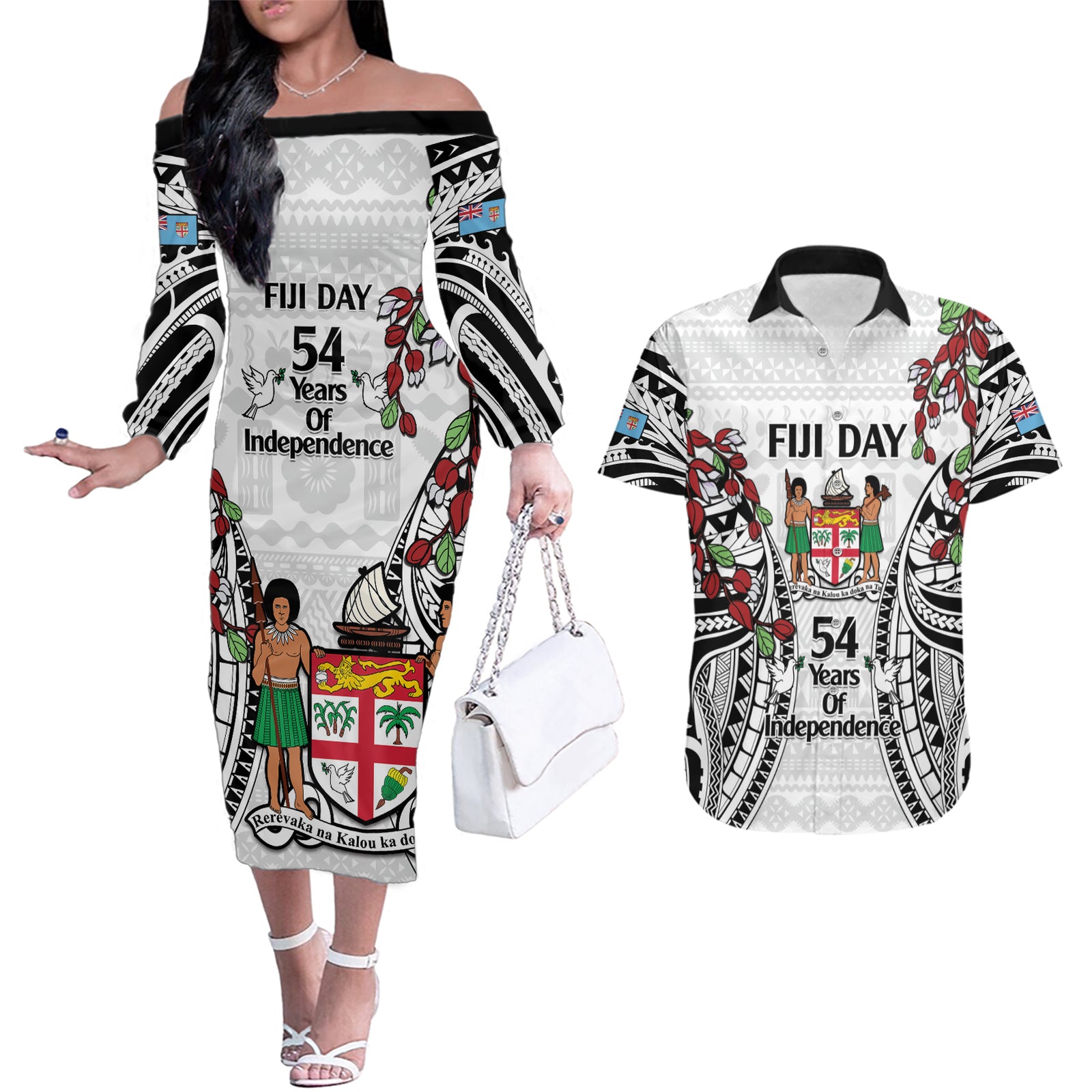 Fiji Day Couples Matching Off The Shoulder Long Sleeve Dress and Hawaiian Shirt Happy 54 Years Of Independence Tapa Pattern White LT14 White - Polynesian Pride