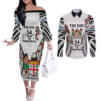 Fiji Day Couples Matching Off The Shoulder Long Sleeve Dress and Long Sleeve Button Shirt Happy 54 Years Of Independence Tapa Pattern White