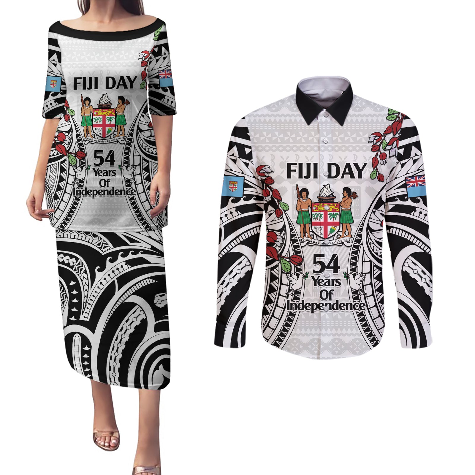 Fiji Day Couples Matching Puletasi and Long Sleeve Button Shirt Happy 54 Years Of Independence Tapa Pattern White LT14 White - Polynesian Pride