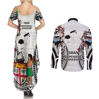 Fiji Day Couples Matching Summer Maxi Dress and Long Sleeve Button Shirt Happy 54 Years Of Independence Tapa Pattern White