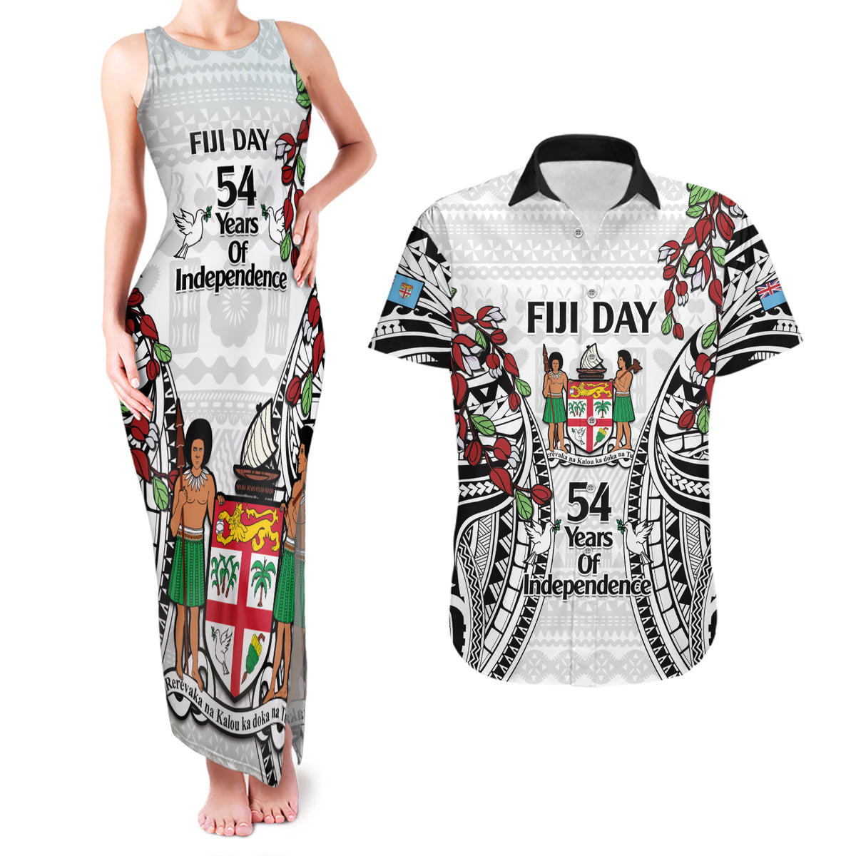 Fiji Day Couples Matching Tank Maxi Dress and Hawaiian Shirt Happy 54 Years Of Independence Tapa Pattern White