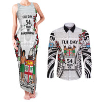 Fiji Day Couples Matching Tank Maxi Dress and Long Sleeve Button Shirt Happy 54 Years Of Independence Tapa Pattern White