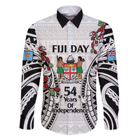 Fiji Day Family Matching Long Sleeve Bodycon Dress and Hawaiian Shirt Happy 54 Years Of Independence Tapa Pattern White LT14 Dad's Shirt - Long Sleeve White - Polynesian Pride