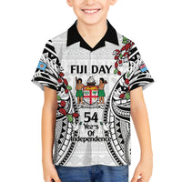Fiji Day Family Matching Long Sleeve Bodycon Dress and Hawaiian Shirt Happy 54 Years Of Independence Tapa Pattern White LT14 Son's Shirt White - Polynesian Pride