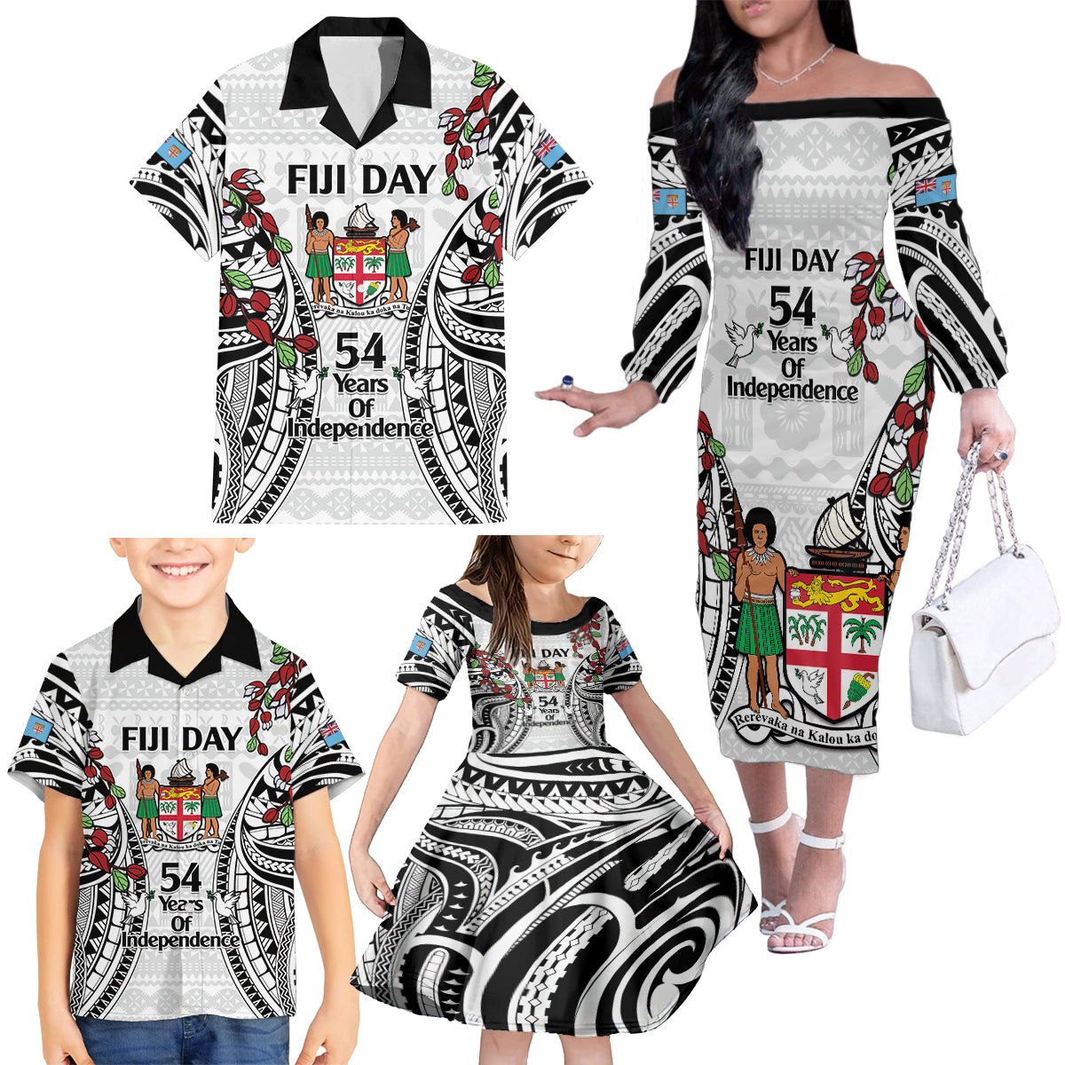 Fiji Day Family Matching Off The Shoulder Long Sleeve Dress and Hawaiian Shirt Happy 54 Years Of Independence Tapa Pattern White LT14 - Polynesian Pride