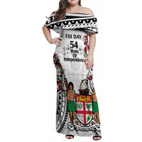 Fiji Day Family Matching Off Shoulder Maxi Dress and Hawaiian Shirt Happy 54 Years Of Independence Tapa Pattern White